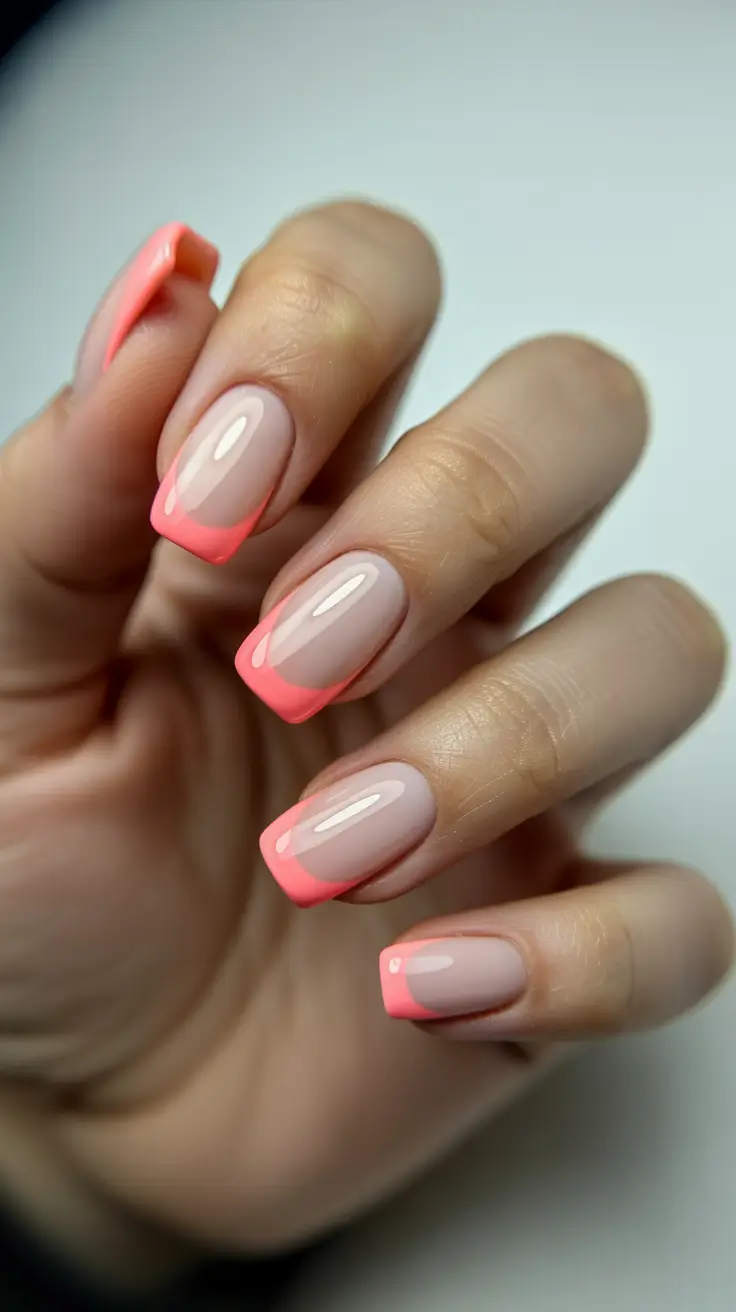 Coral neon French tips on square nails.