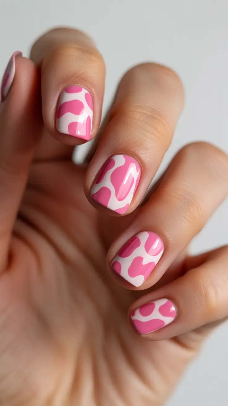 Pink abstract designs on short square nails.