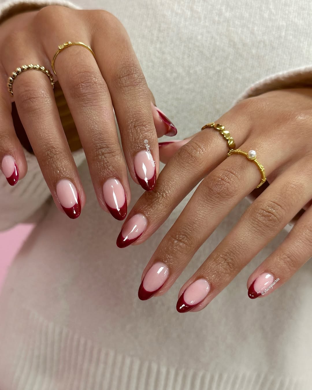 French manicure with deep cherry tips