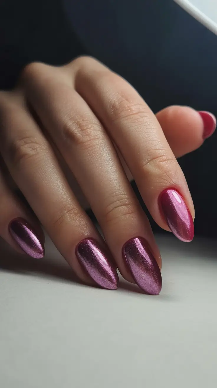 Rose Chrome Almond Glow Gel Nails