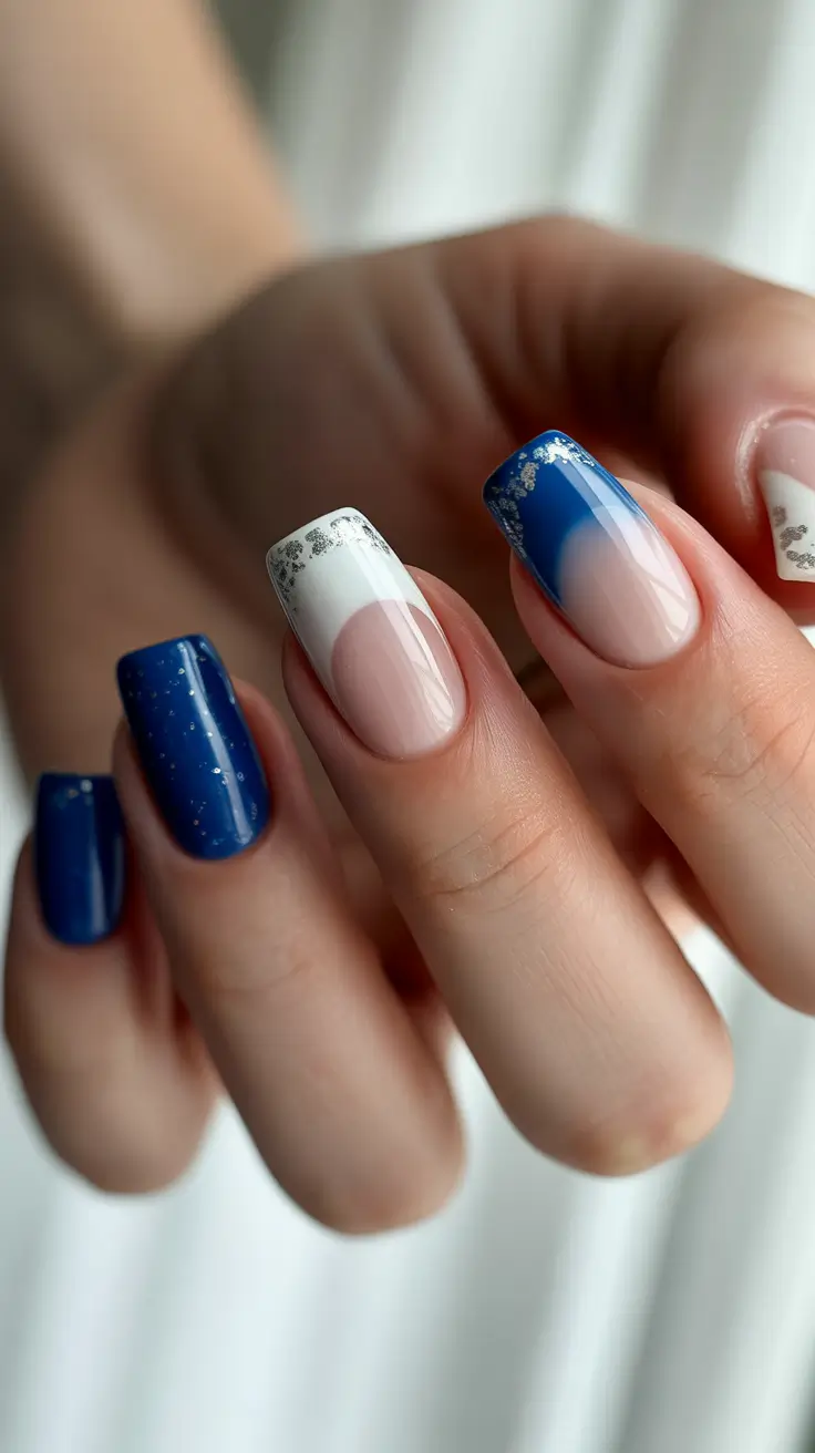Silver Frost Crescent with Royal Blue Gel Nails