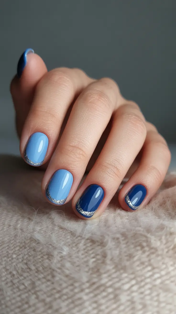 Blue Moon Gradient with Silver Accents Gel Nails