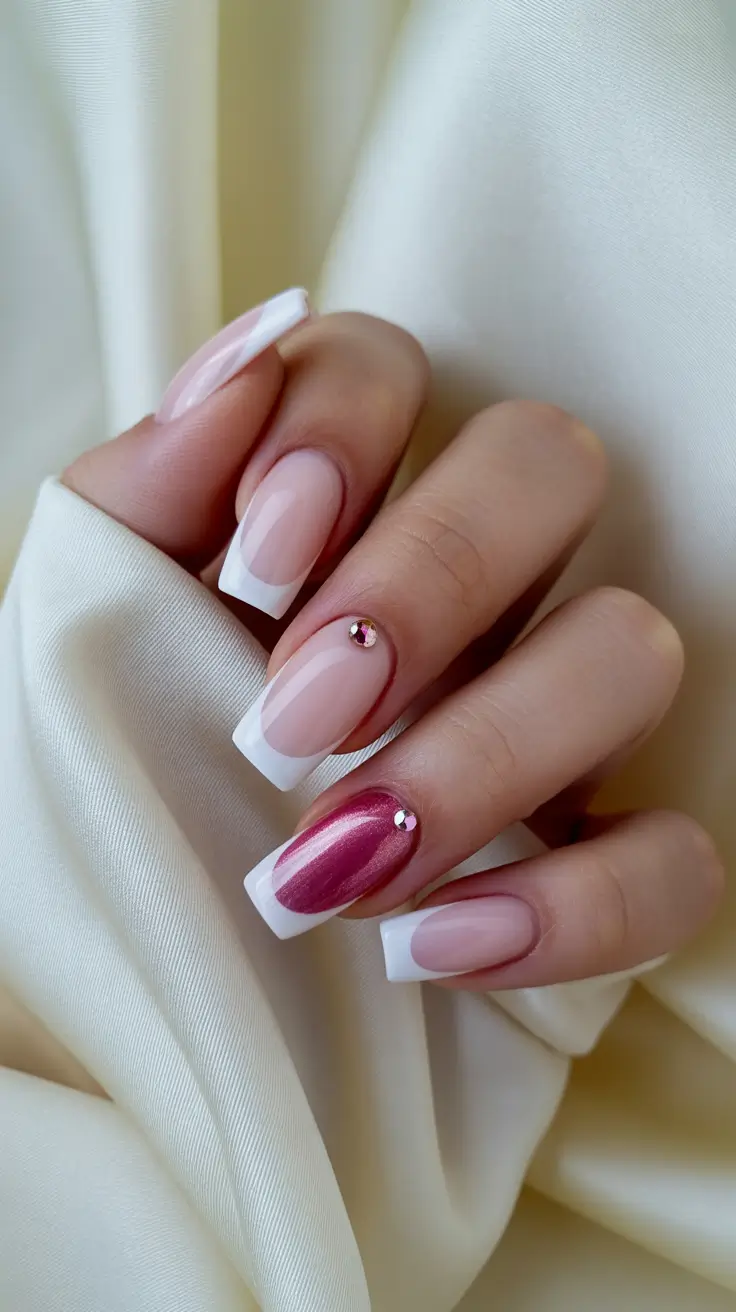 Classic French with Rose Chrome Accent Gel Nails
