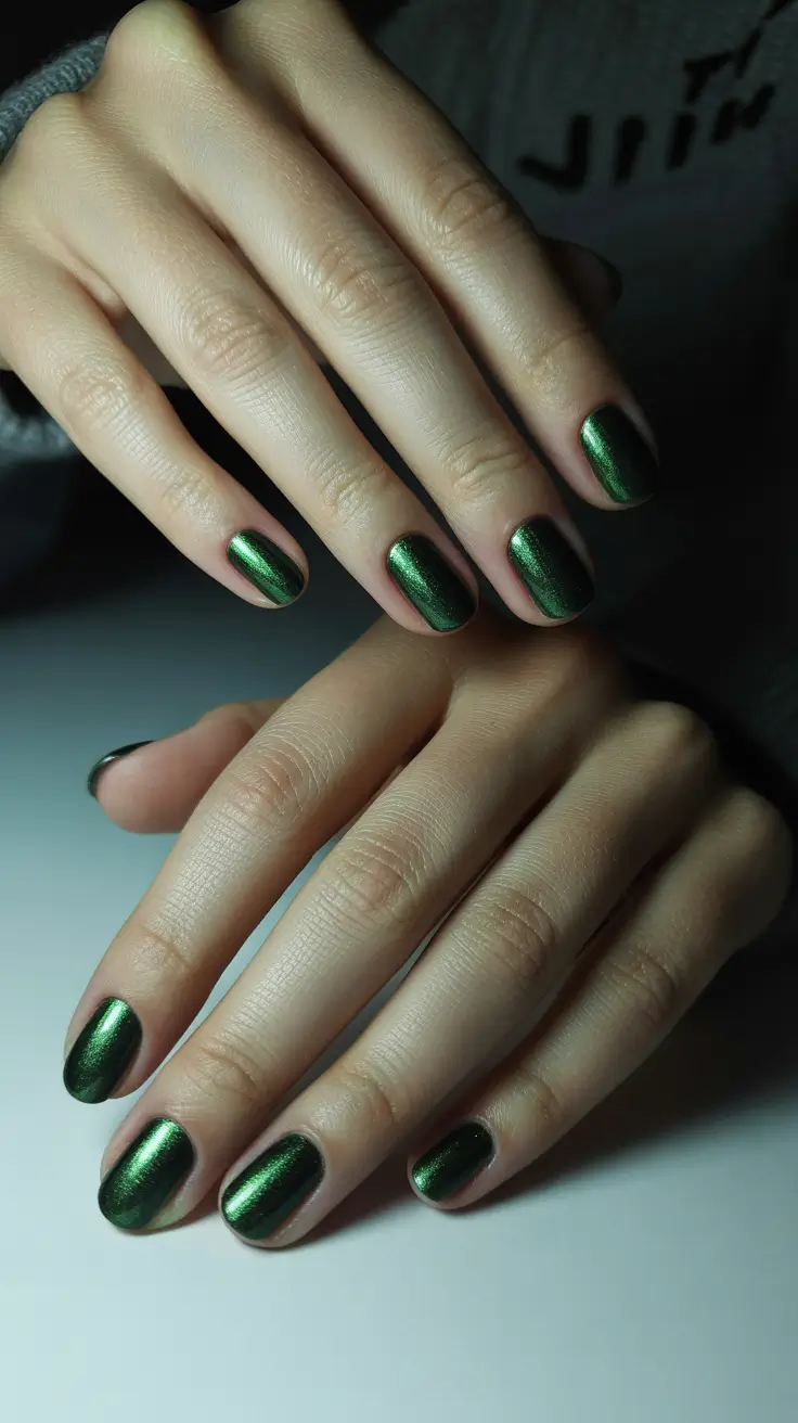 Emerald Metallic Short Glow Gel Nails