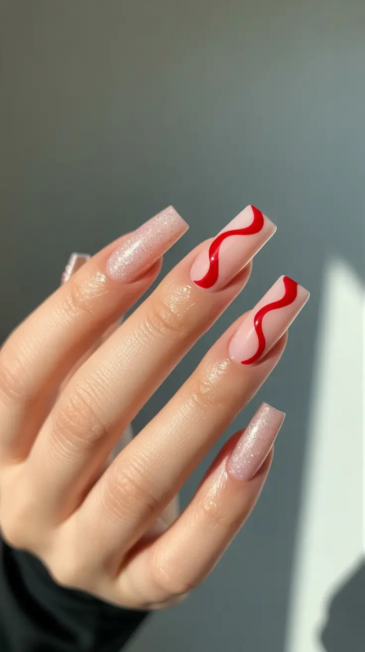 Red Wave Lines & Soft Sparkle Blend Gel Nails