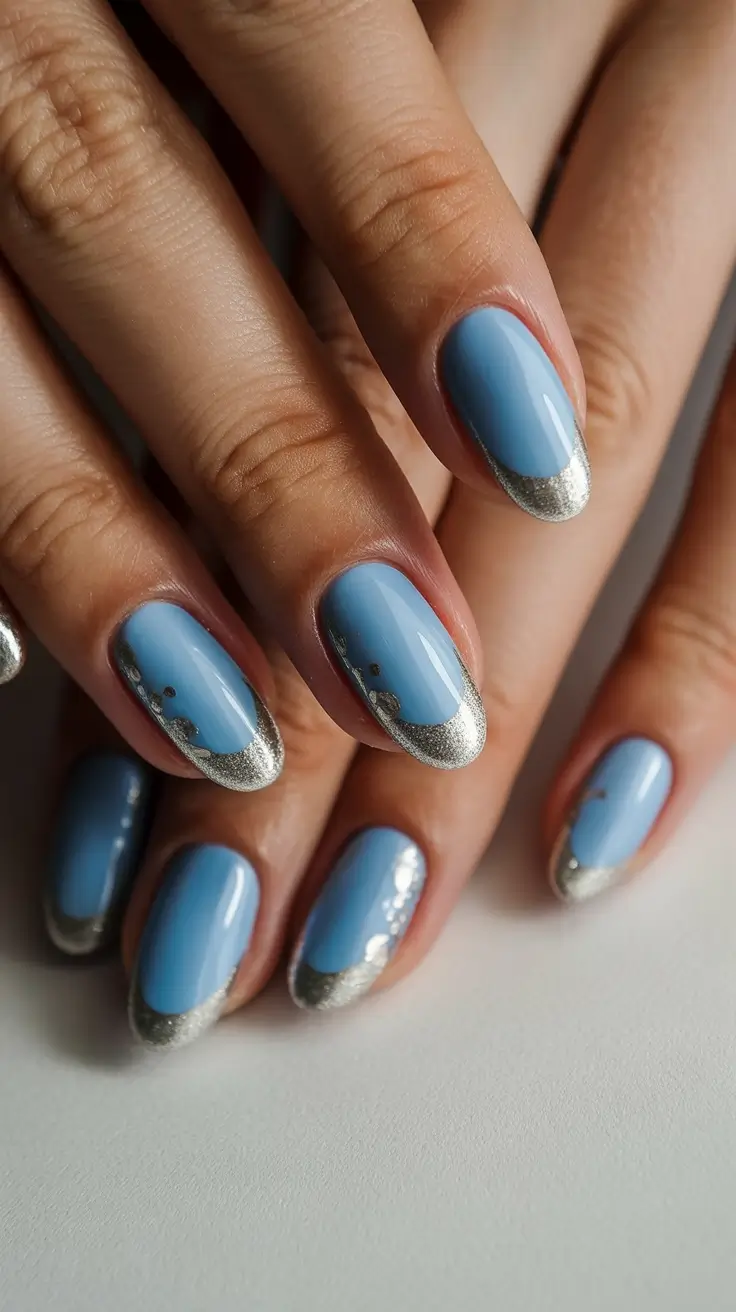Silver Melt French on Powder Blue Gel Nails