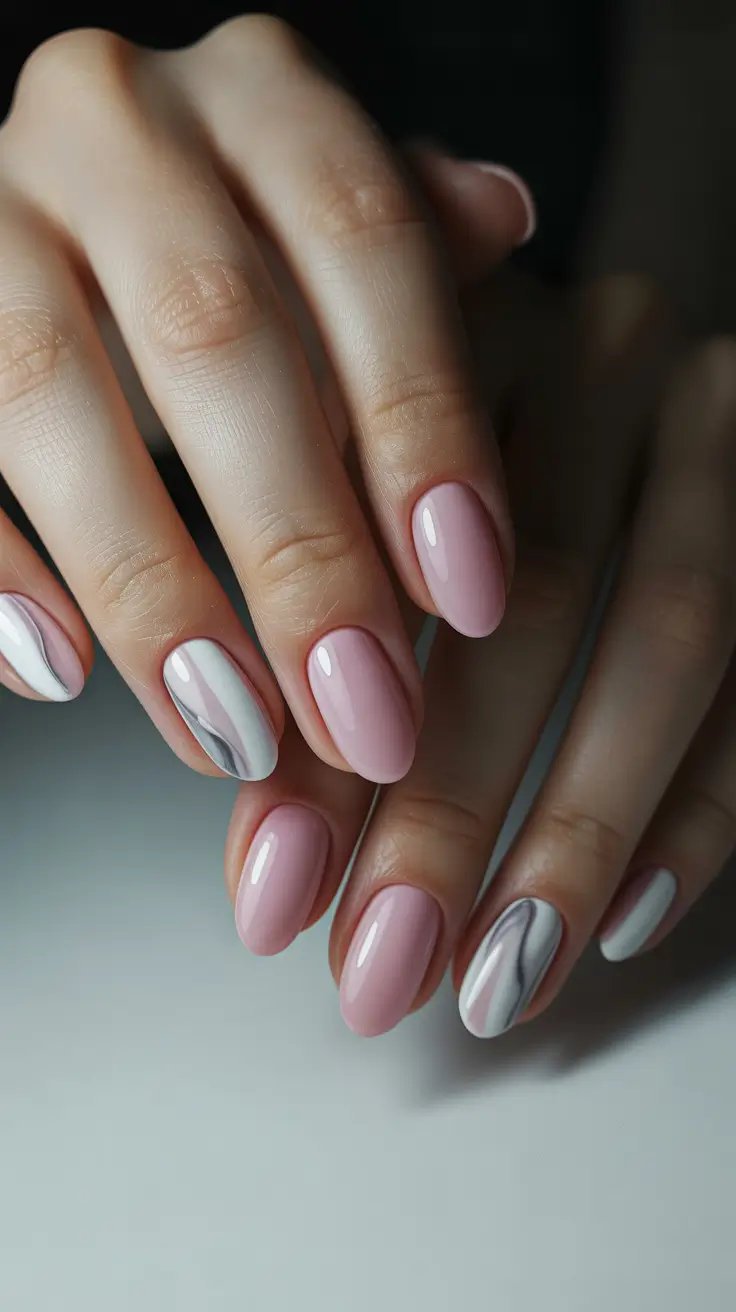 Pink Satin Oval with Marble Accents Gel Nails