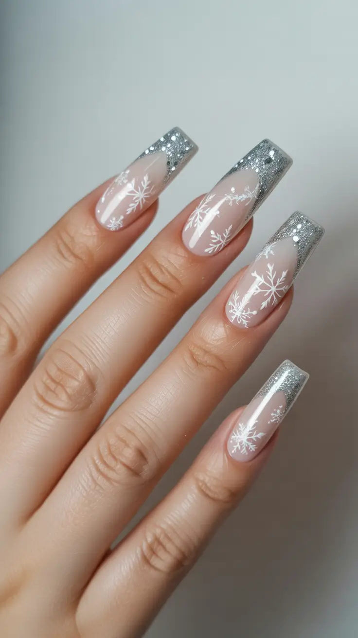 Silver Glitter French with Snowflake Art Gel Nails