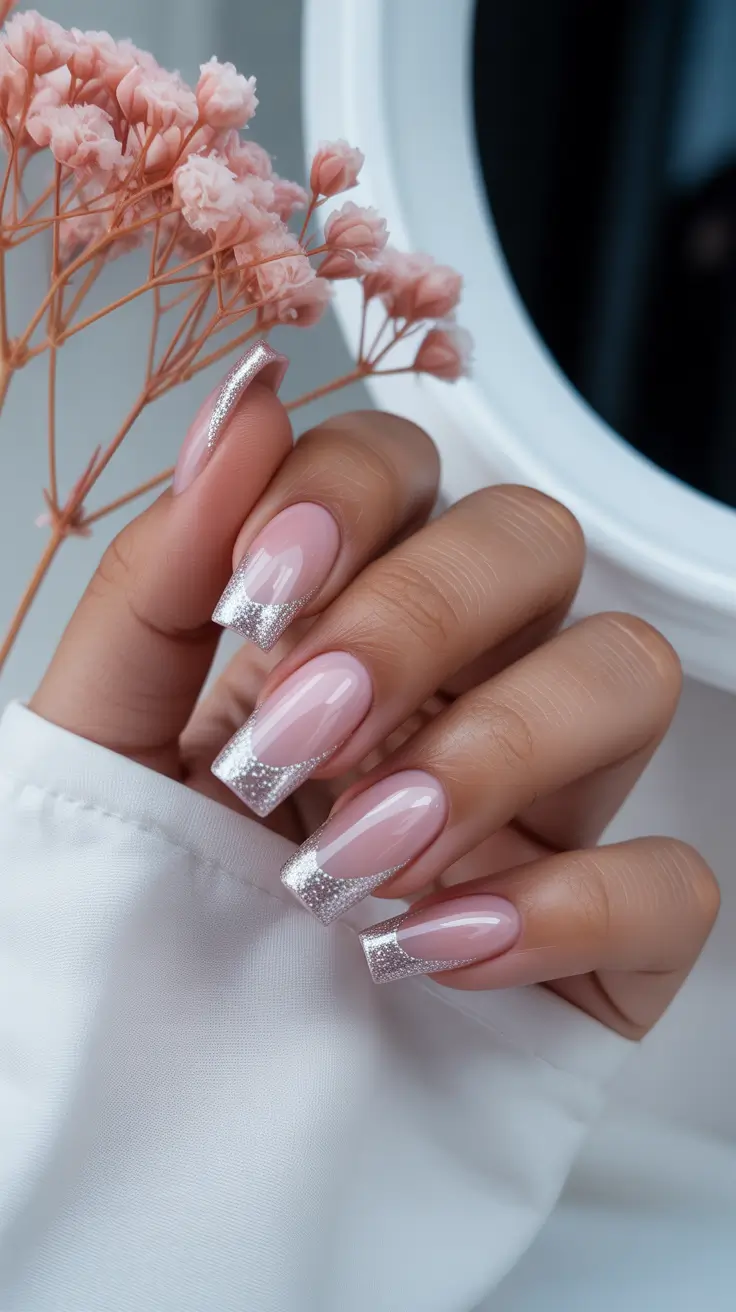 Silver Veil French on Blush Pink Gel Nails