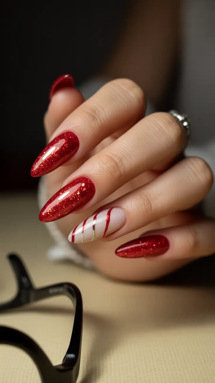 Crimson Spark & Candy Swirl Accent Gel Nails