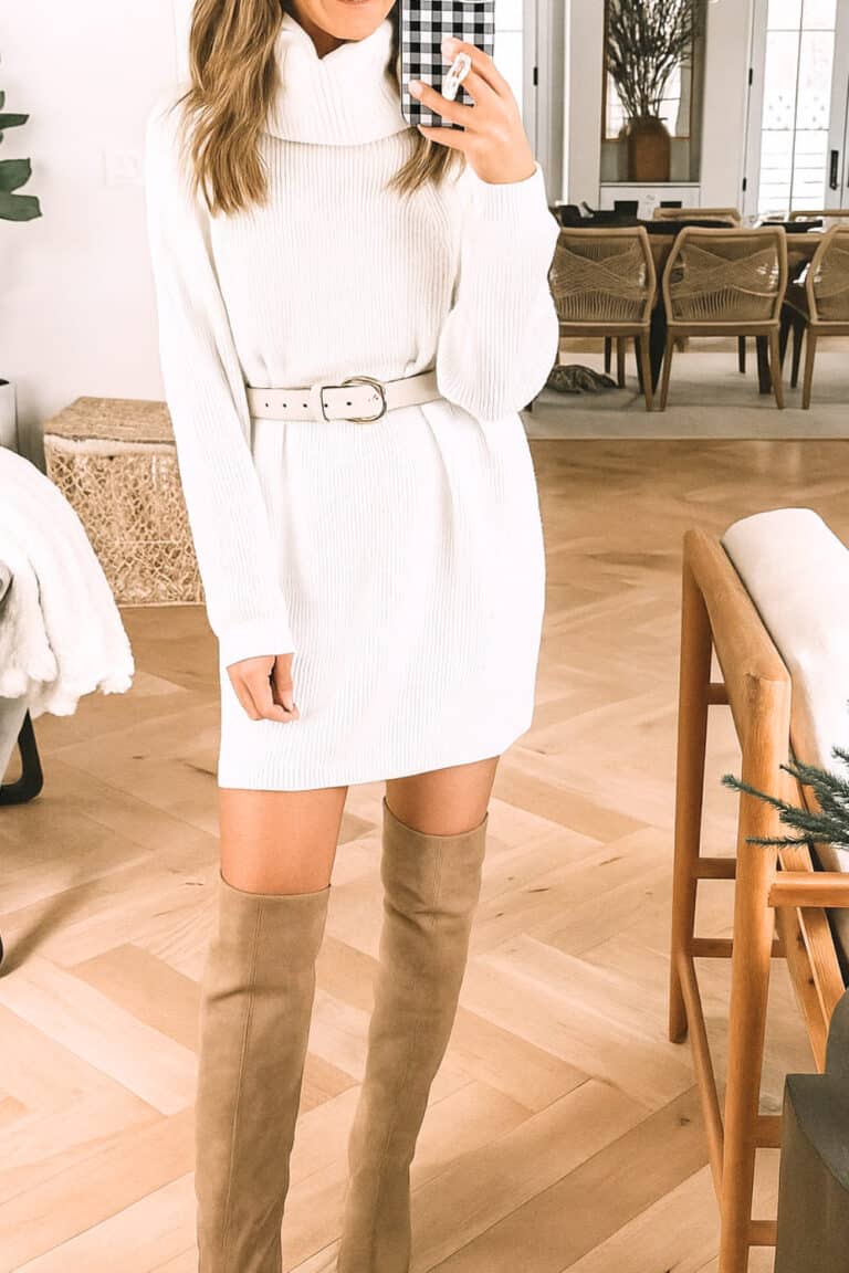 Knit midi dress with knee-high boots