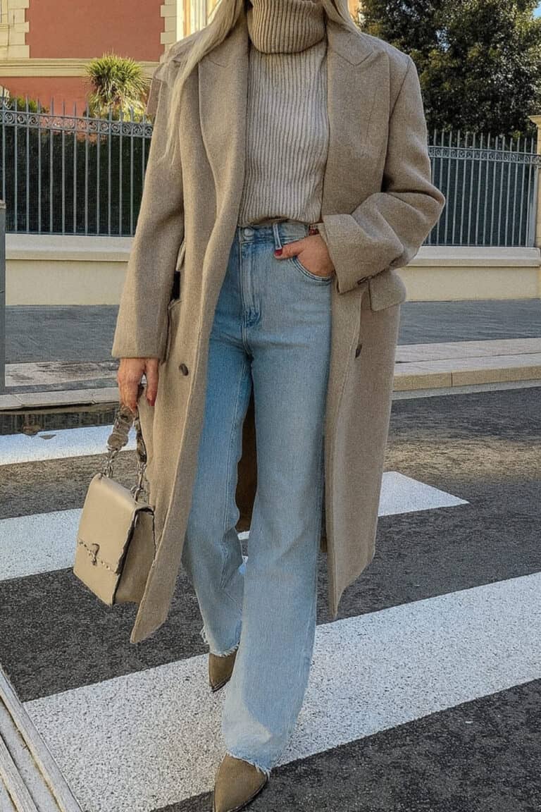 Neutral trench coat over a chunky turtleneck with light-wash jeans for an effortless chic look.