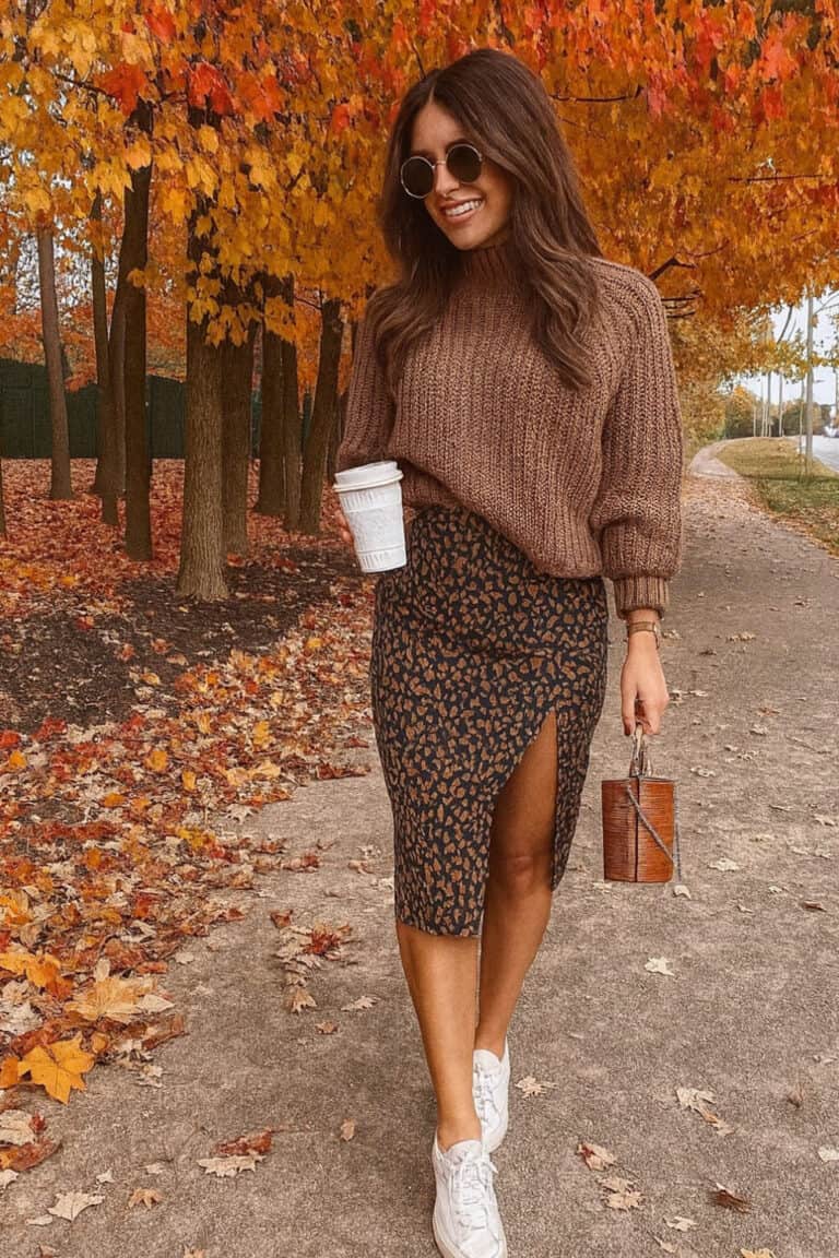 Chunky brown sweater paired with a printed slit skirt and sneakers.
