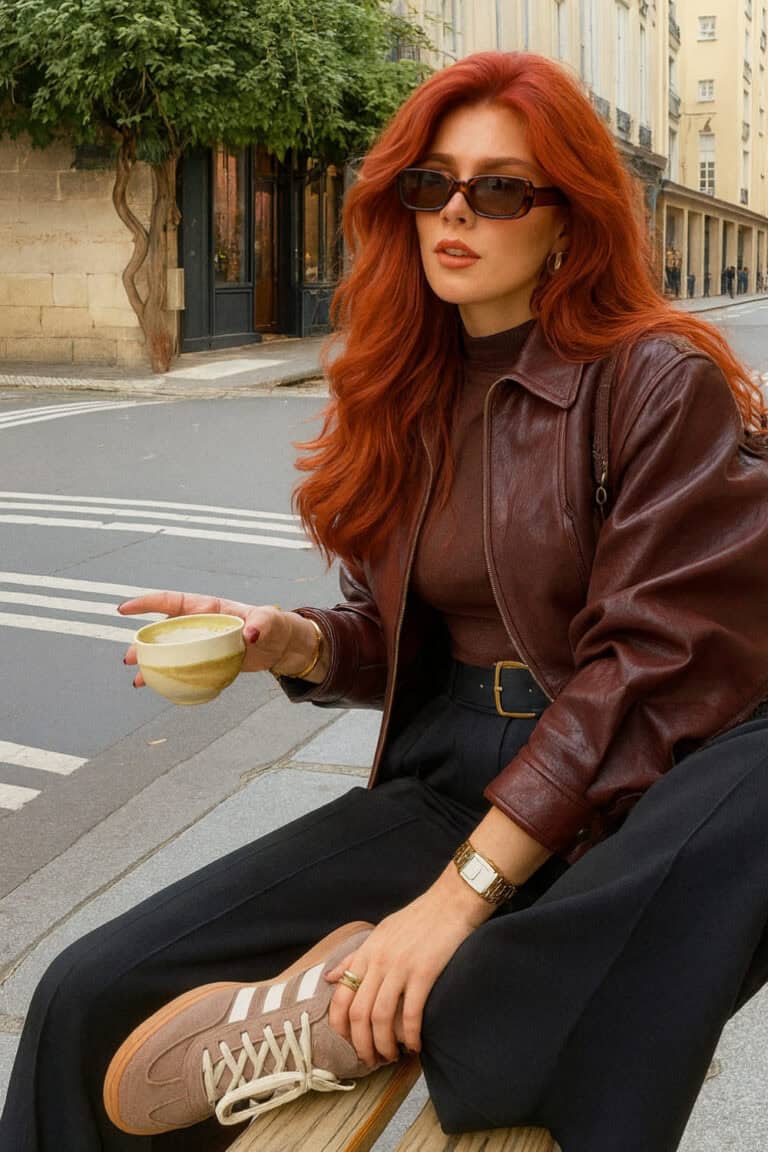 Deep brown leather jacket, sleek turtleneck, and wide-leg trousers with sneakers.