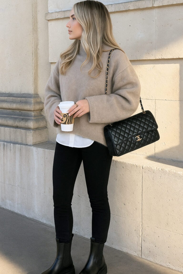 Beige sweater layered over a white button-down shirt with black skinny pants and ankle boots.