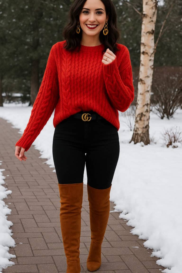Bold red chunky knit sweater with gold accessories, Gucci belt, black skinny pants, and brown over-the-knee boots.
