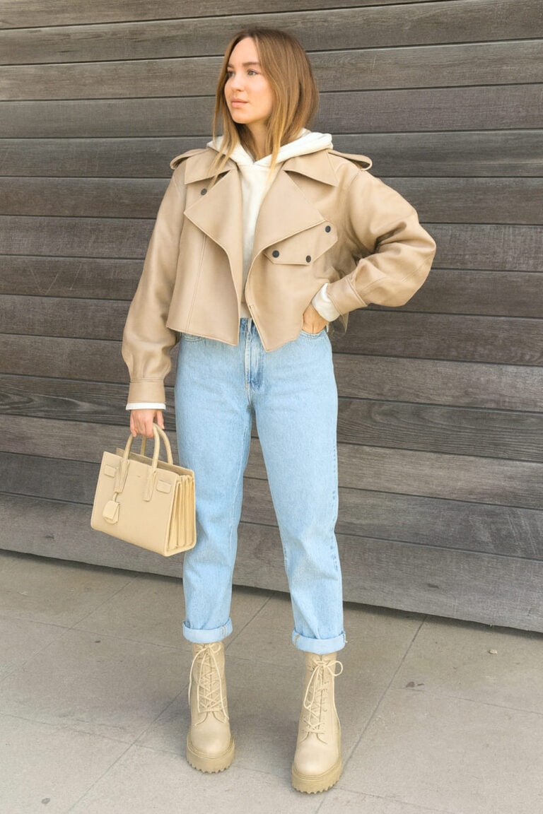 Cropped beige motorcycle jacket over a white hoodie with light-wash jeans, chunky boots, and a structured bag.