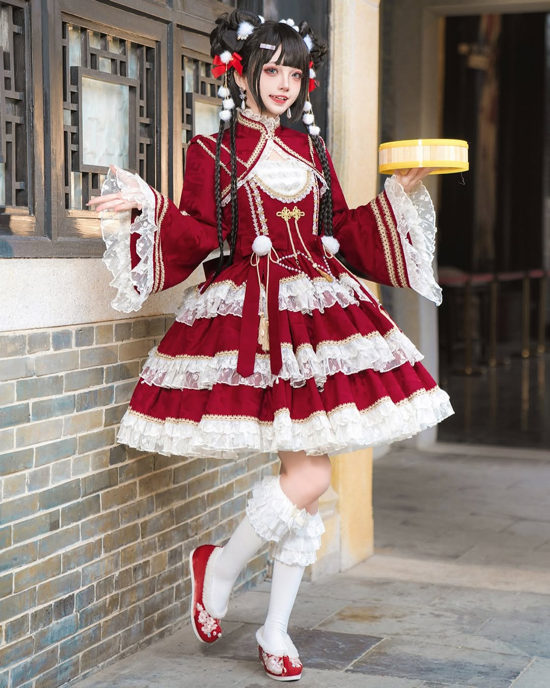 A flowing red dress with a theatrical silhouette, designed for making a strong, memorable impression during Lunar New Year.