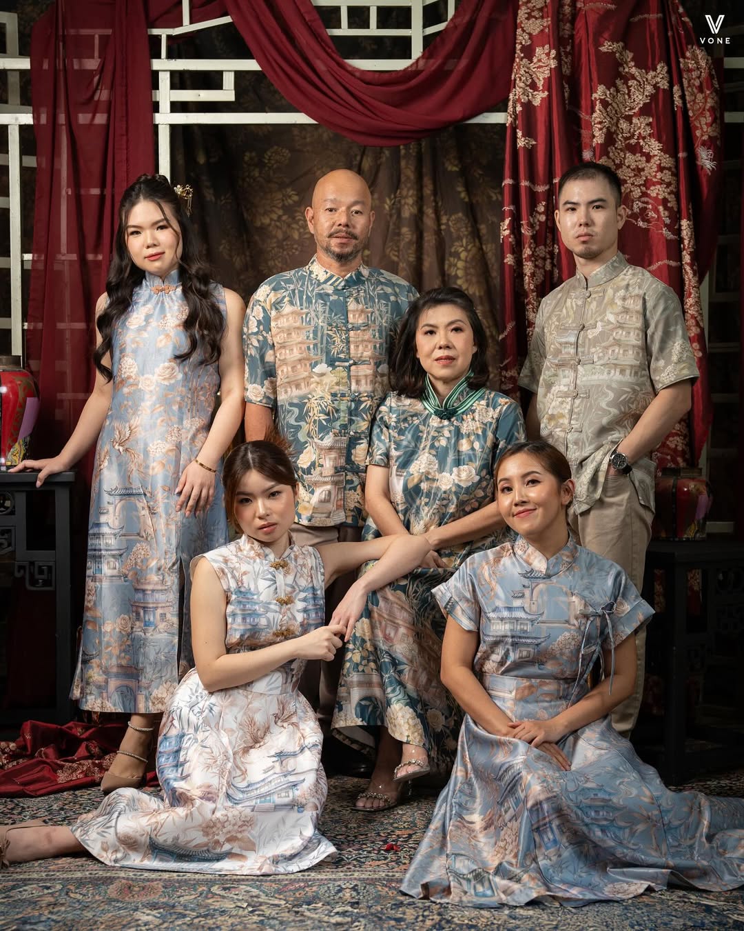 A dress with coordinated prints and soft, traditional silhouettes that evoke a sense of family heritage.