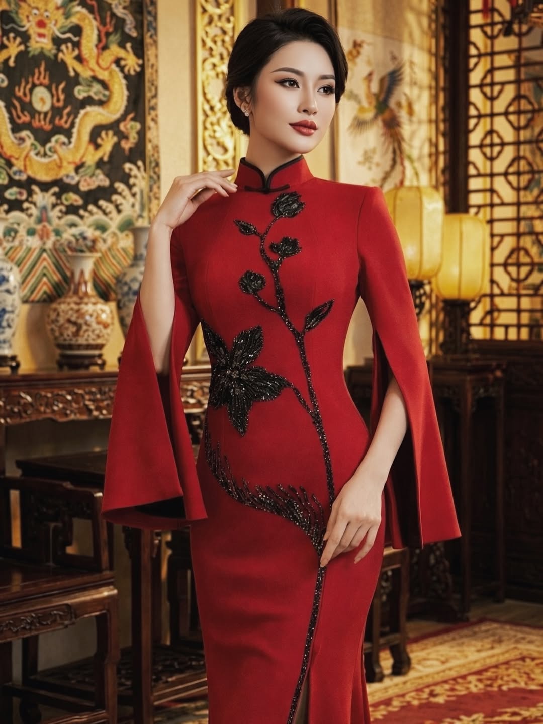 A woman wearing a modern cheongsam dress in a deep red hue with elegant embroidery.