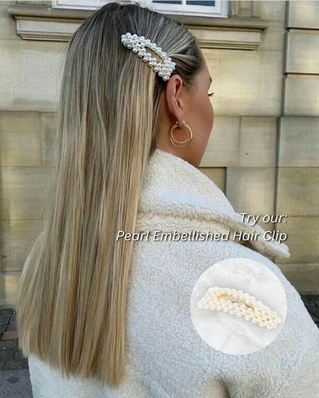 Long, sleek hair with a pearl-adorned clip accent.
