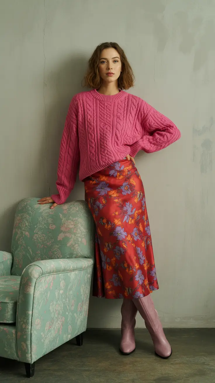 Bohemian spring skirt outfit with a floral skirt and pink knit sweater