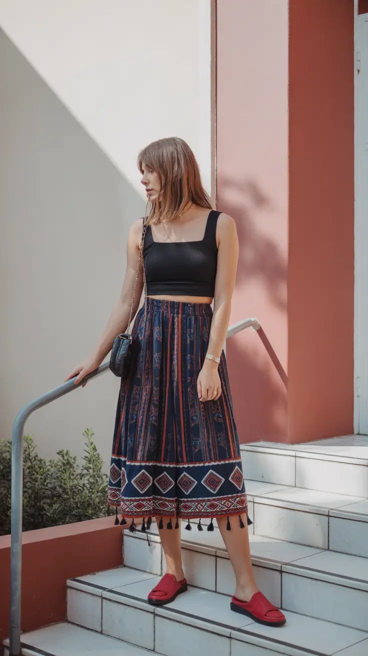 Bohemian spring skirt outfit with a graphic patterned skirt and black crop top