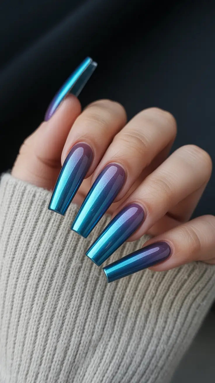 February nails designs 2026 Blue Chrome Coffin