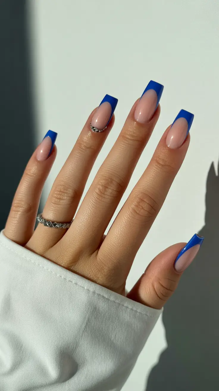 February nails designs 2026 Blue French Square with Crystals