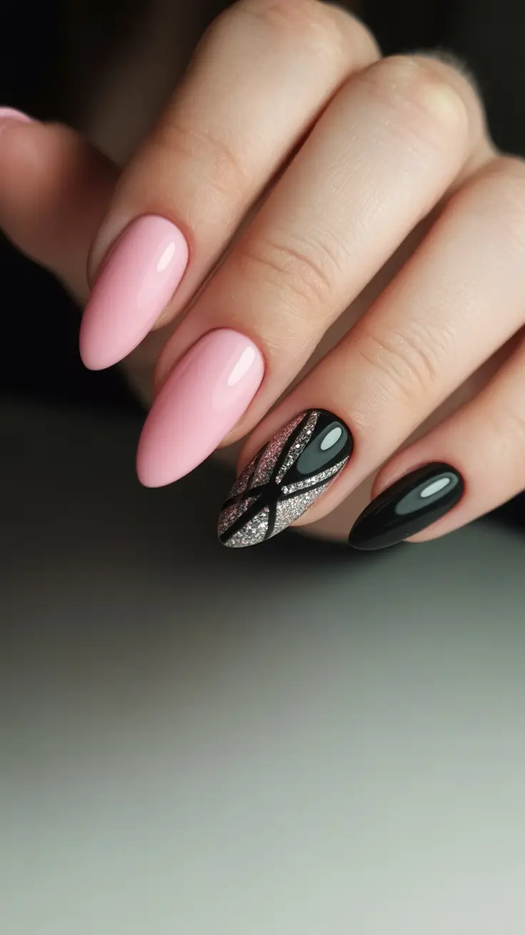 February nails designs 2026 Pink Black Almond Glam