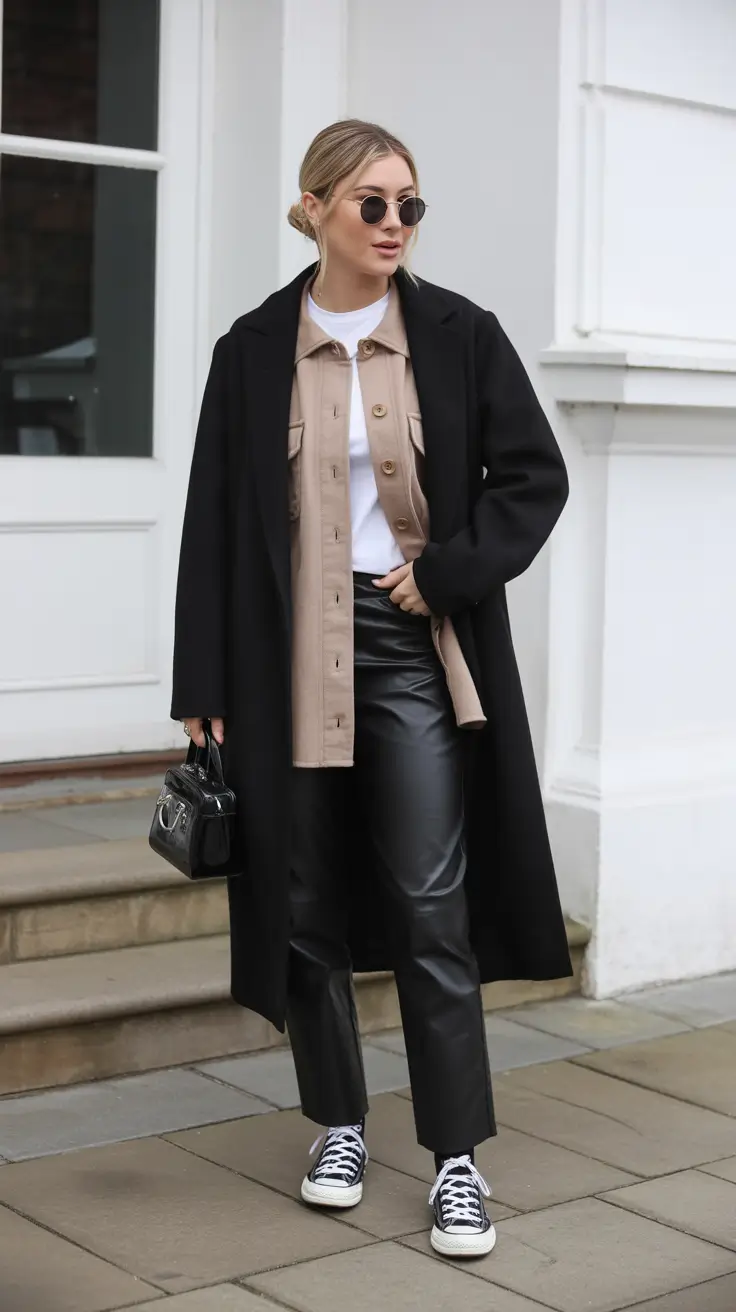 February outfits ideas 2026 Black Coat Layered with Taupe and Leather