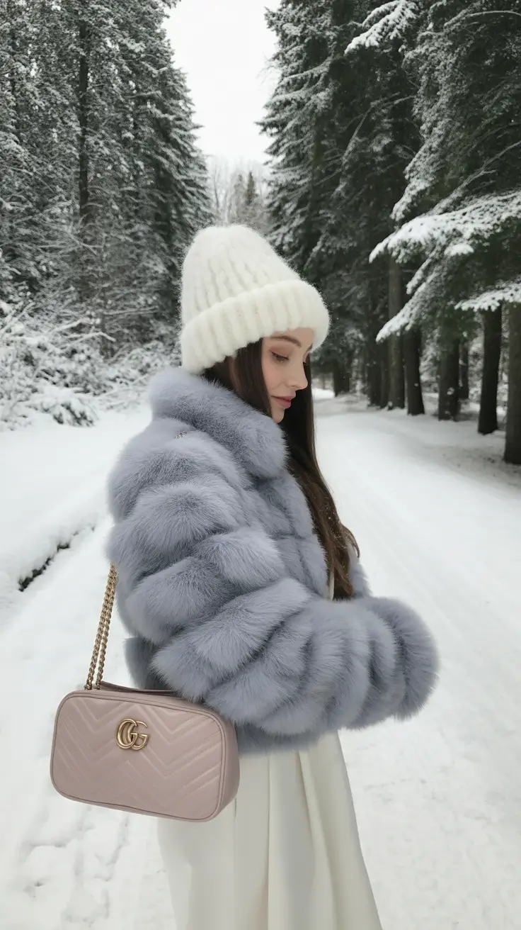 February outfits ideas 2026 Soft Snow-Blue Fur with Winter Whites