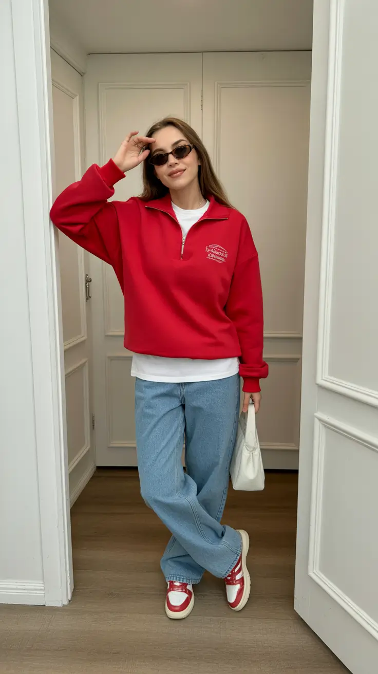 February outfits ideas 2026 Sporty Red Half-Zip with Relaxed Denim
