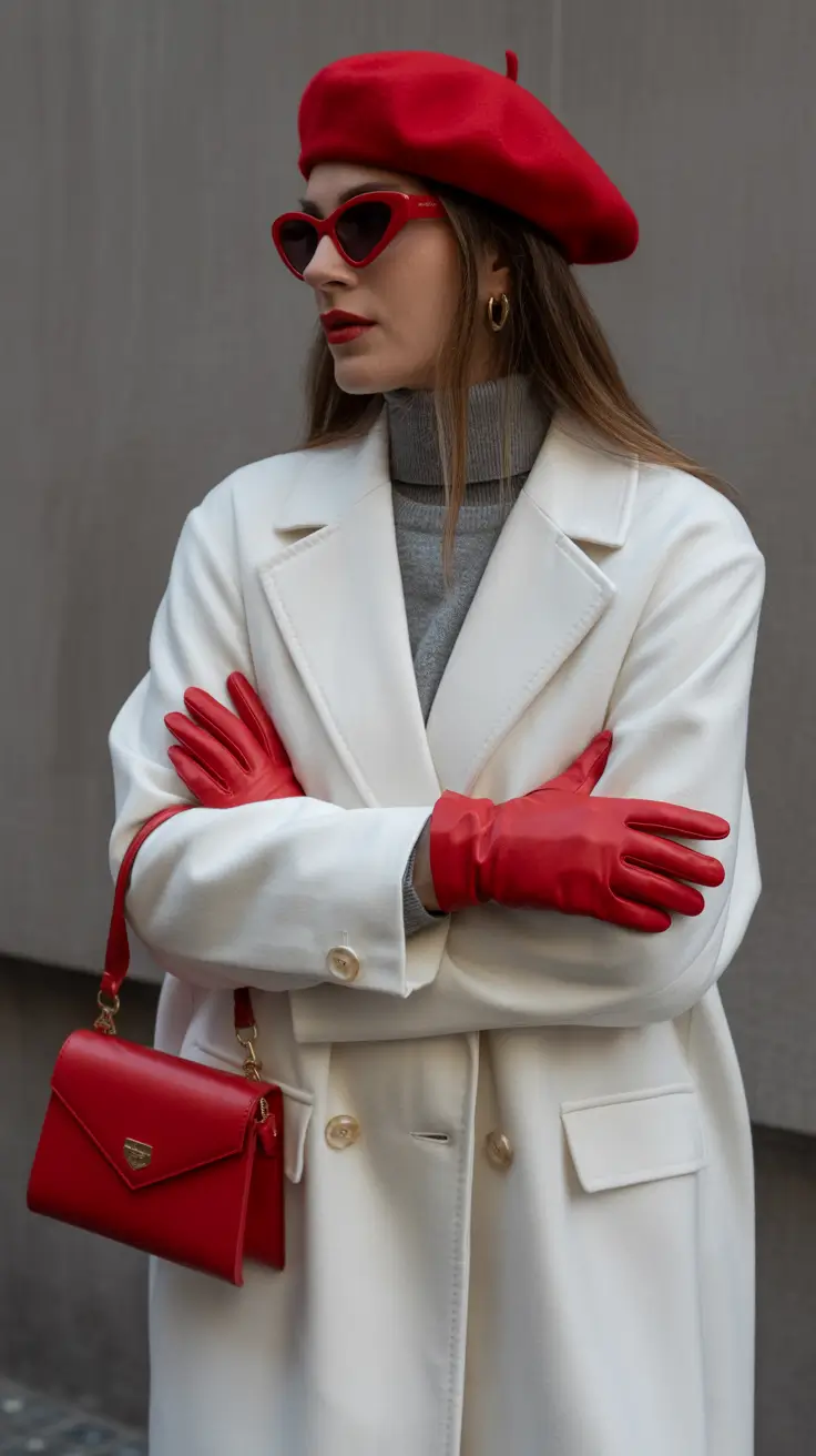 February outfits ideas 2026 White Wool Coat with Romantic Red Accents