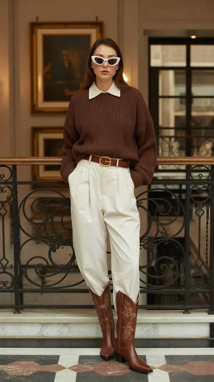 February outfits ideas 2026 Chocolate Knit with Ivory Trousers and Western Boots