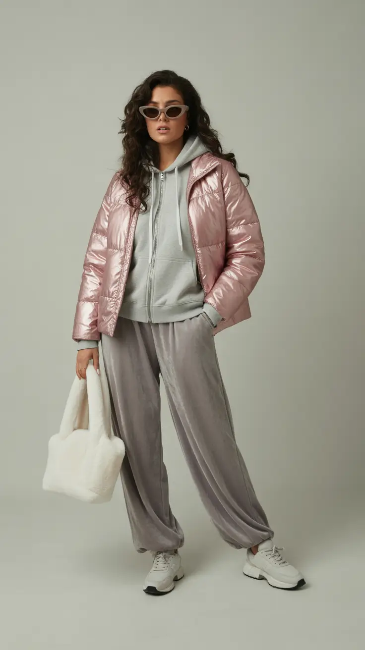 February outfits ideas 2026 Rosy Metallic Puffer with Soft Velour Comfort
