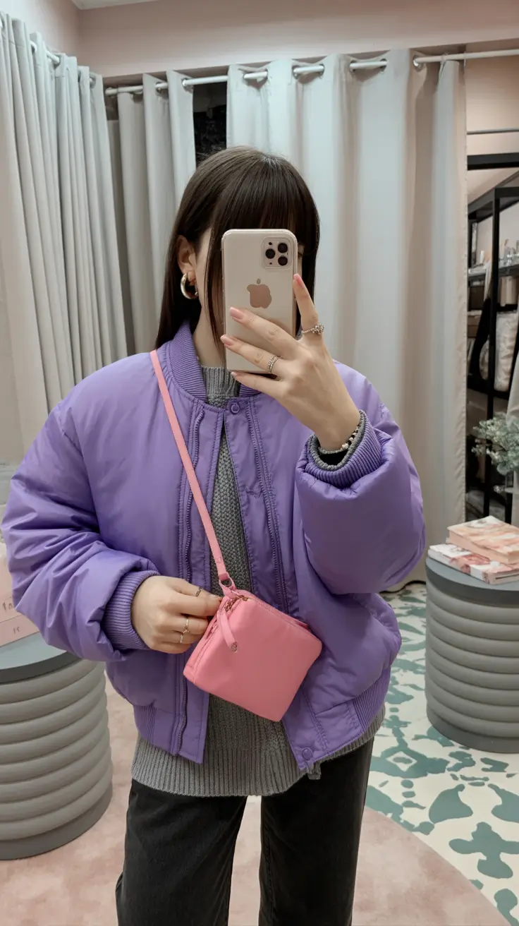 February outfits ideas 2026 Lavender Puff Jacket with a Pop of Pink