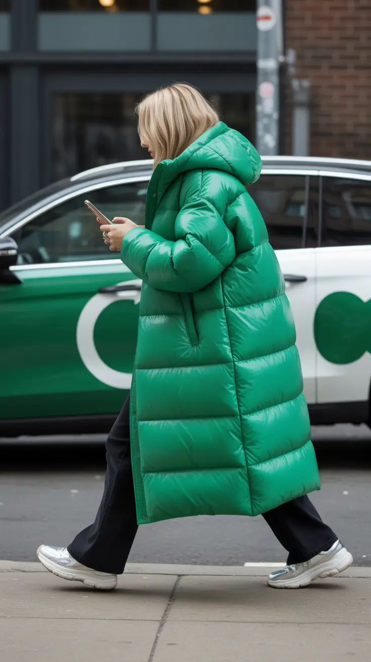February outfits ideas 2026 Bold Green Maxi Puffer for Street-Style Energy