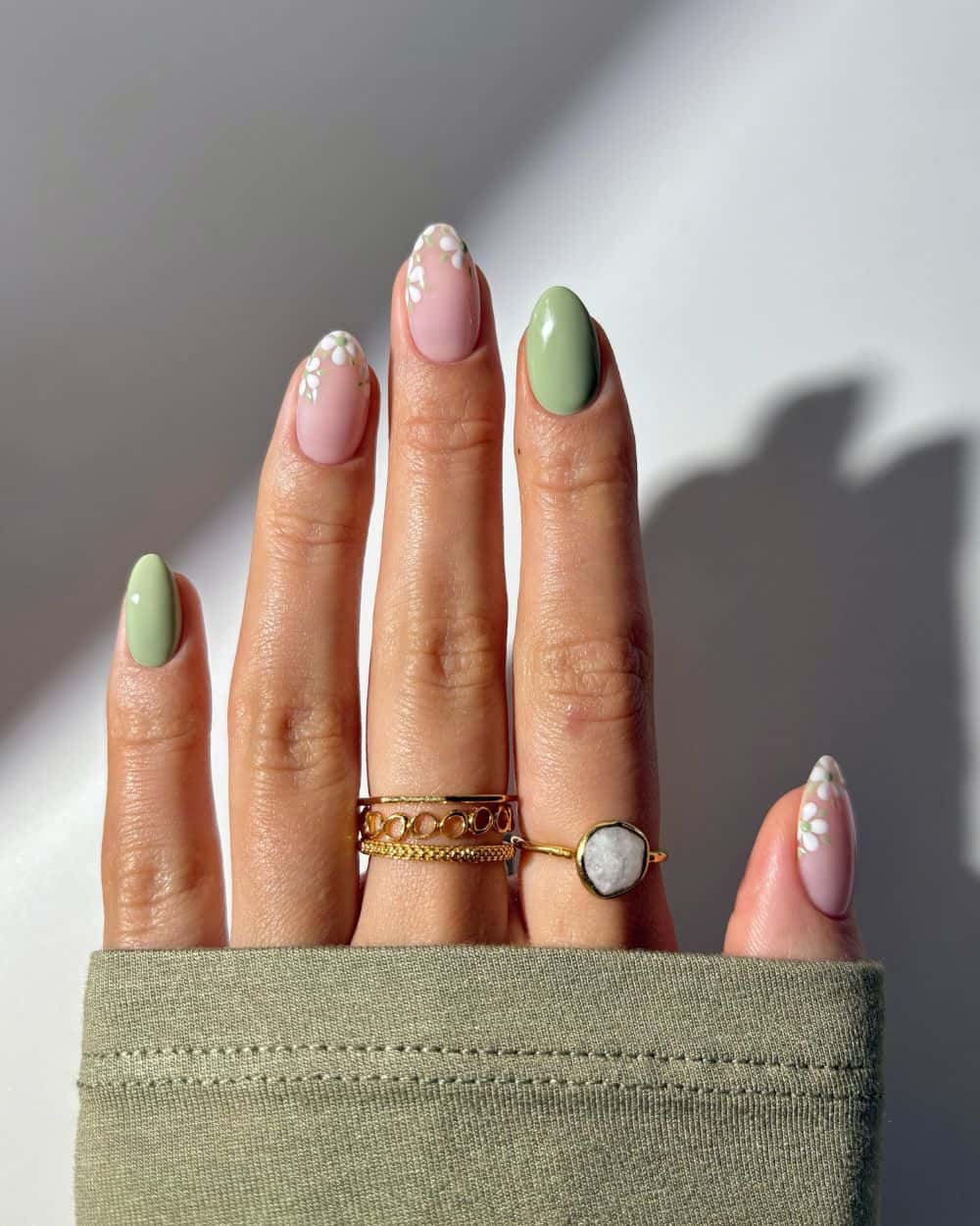 Sage green nails with floral art