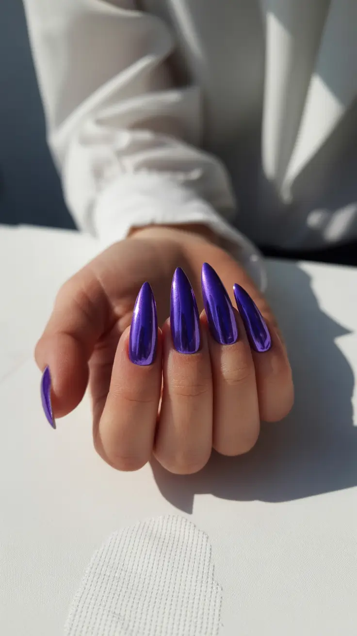 Electric Violet Chrome Almond Nails