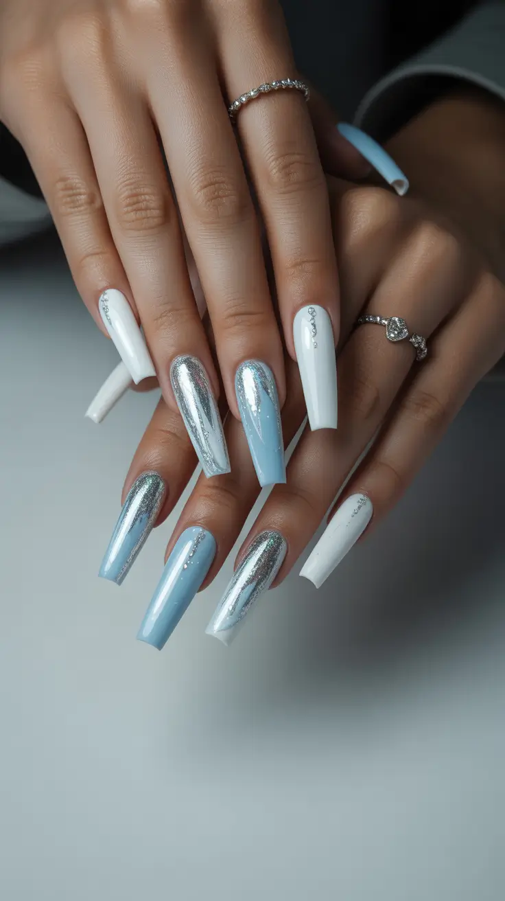 Icy Blue and Silver Chrome Coffin Nails