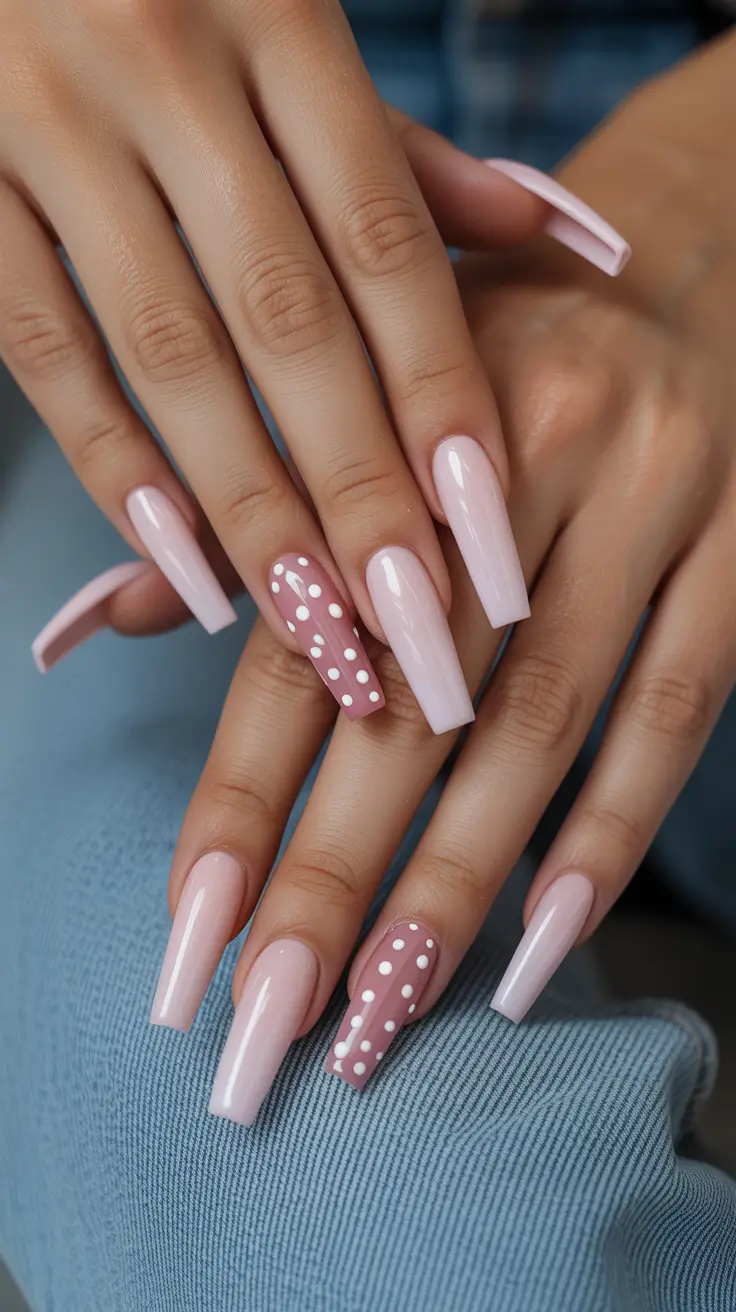 Soft Pink Coffin Nails with Polka Dots