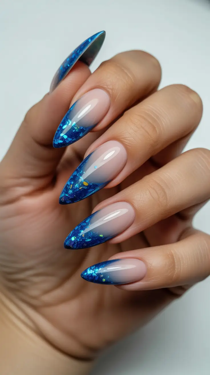 Ocean-Glaze Blue Almond Fade Nails