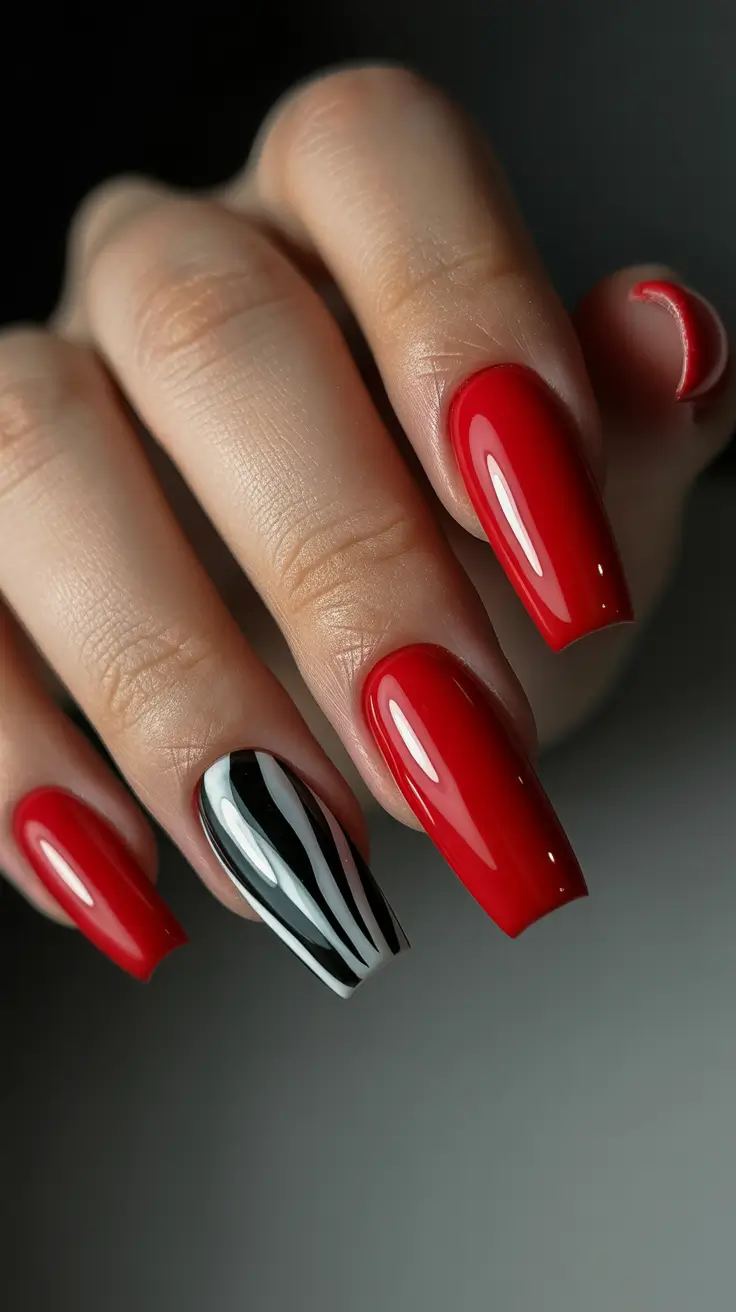 Red Coffin Nails with Monochrome Accent
