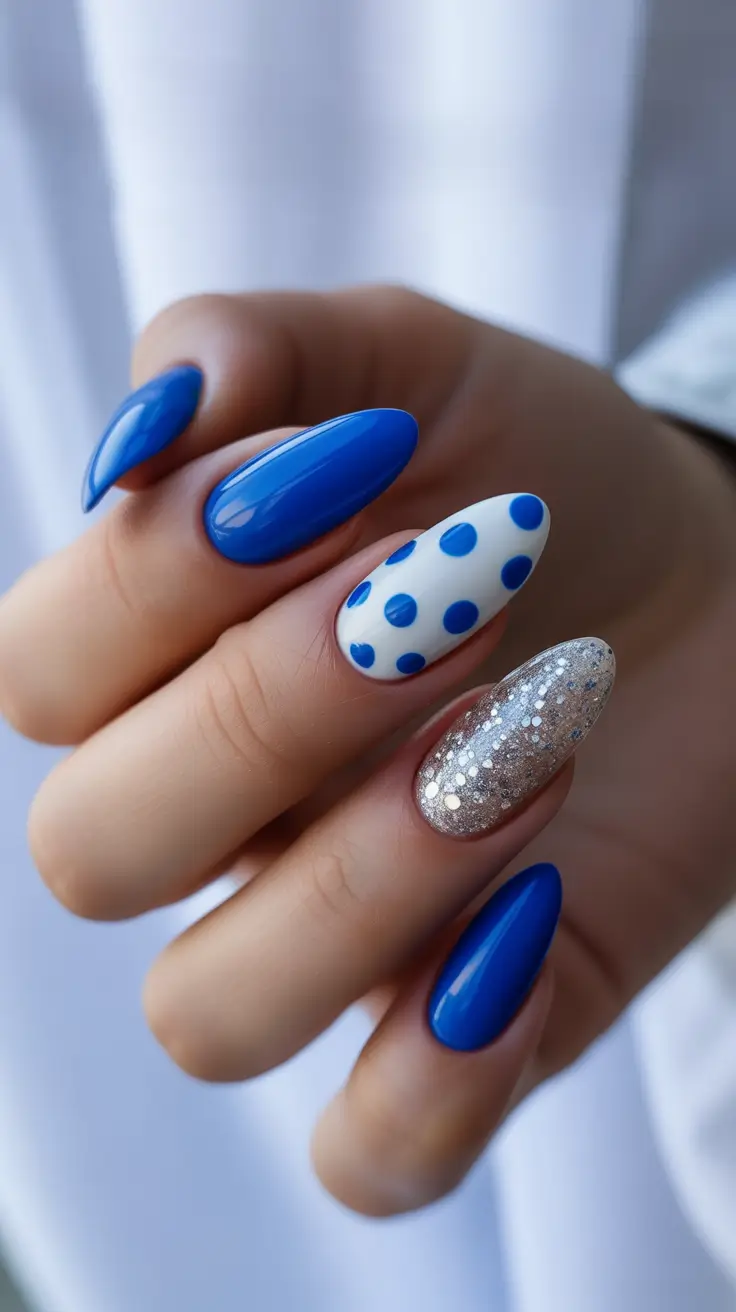 Blueberry Blue Nails with Glitter and Polka Dots
