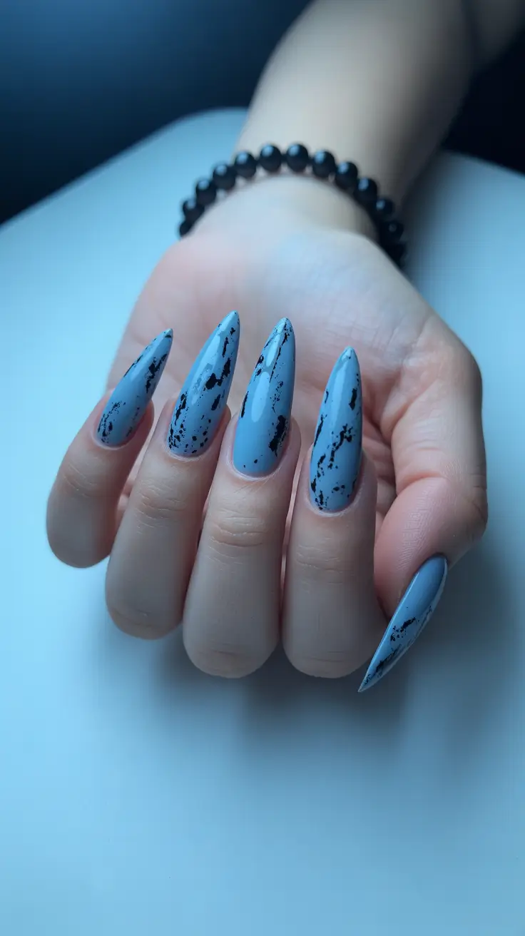 Dusty Blue Splatter Almond Nails