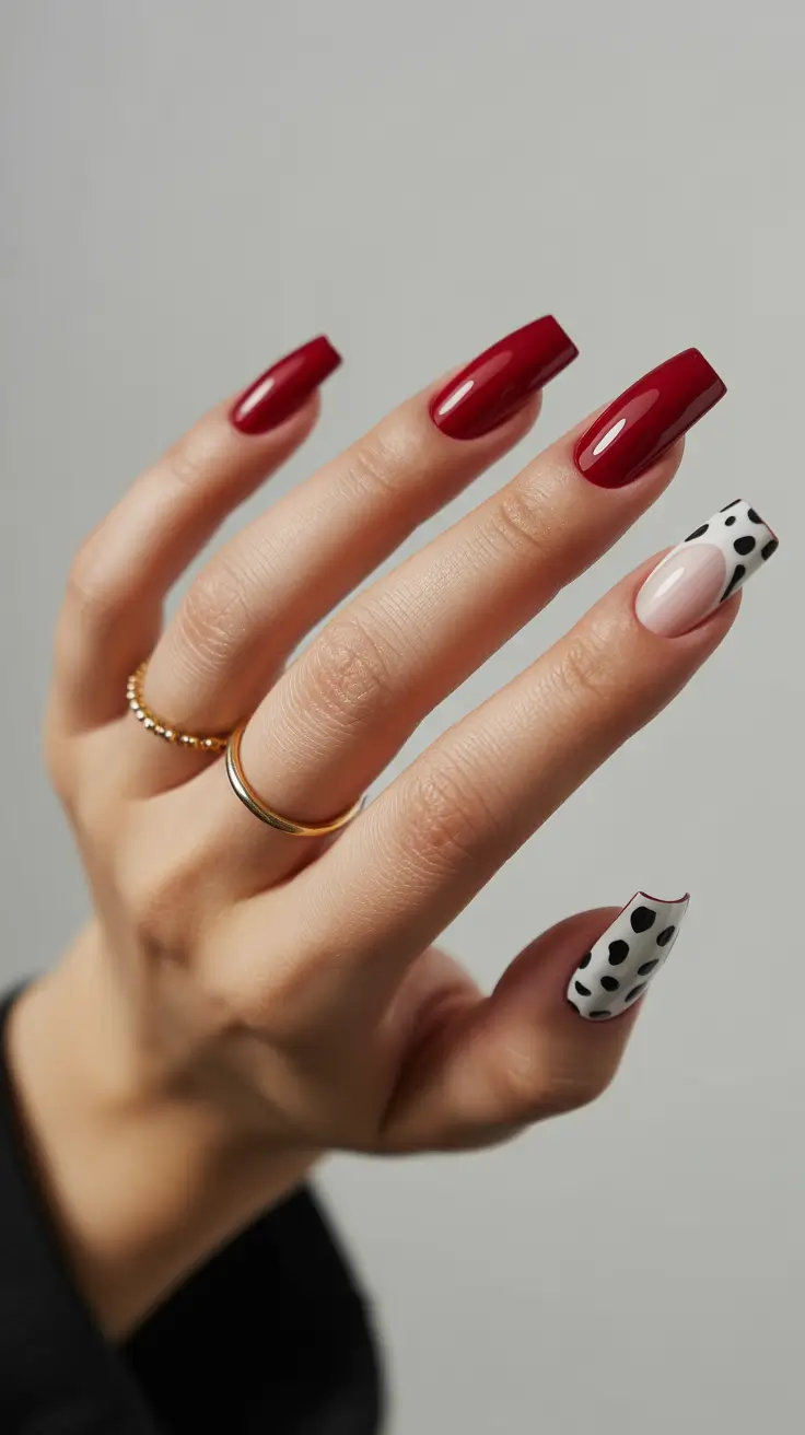 Crimson Gloss Nails with Dalmatian Tips