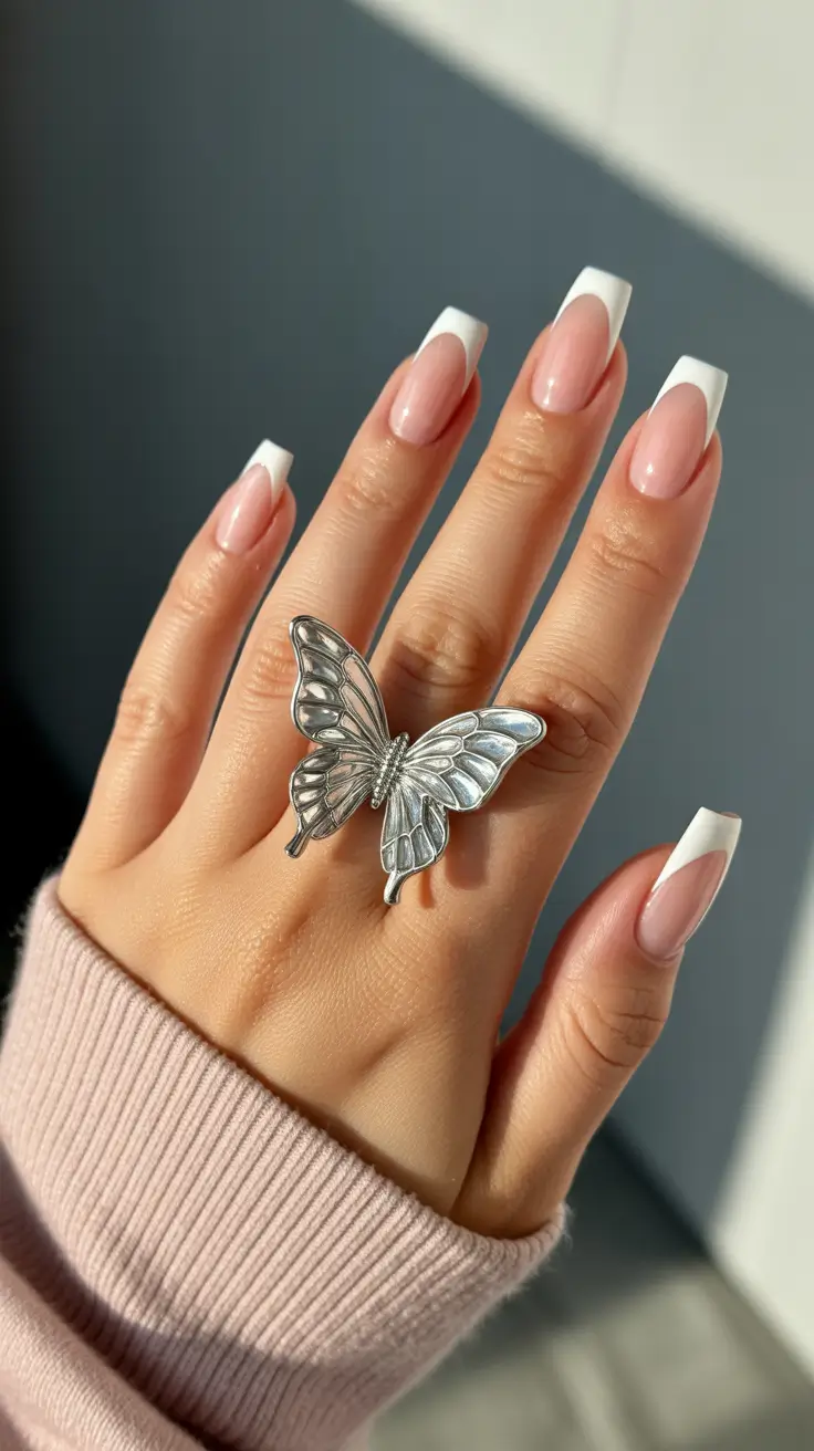 Soft French Manicure with Butterfly Accent