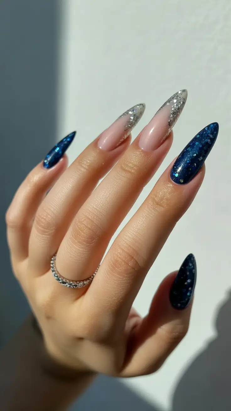 Midnight Blue and Silver Stardust Almond Nails