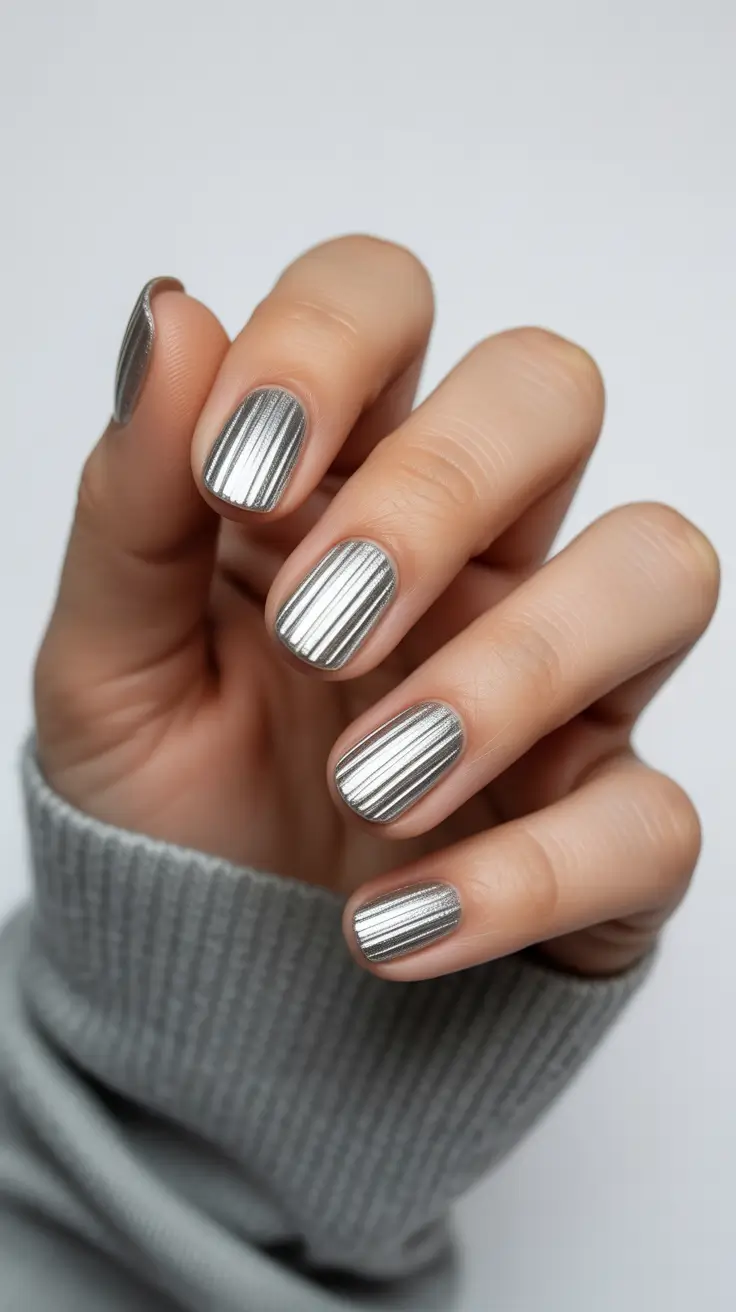 Silver Micro-Chrome Stripes on Short Nails